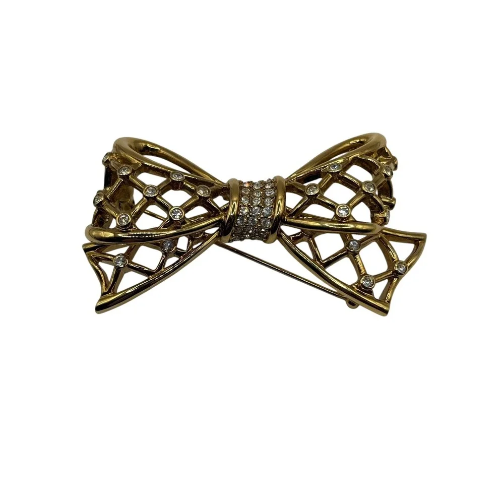 Swan Signed SWAROVSKI Open Bow Brooch Pin Icy Clear Crystals‎ Gold Tone Ribbon